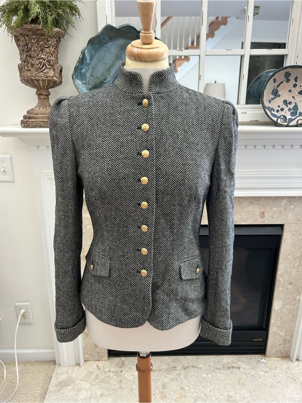 Chaps Black & White Herringbone Military-Style Blazer with Gold Buttons